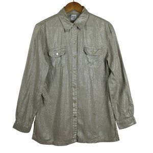 Chicos Metallic Shimmer Linen Button-Down Shirt With Pockets Size Small